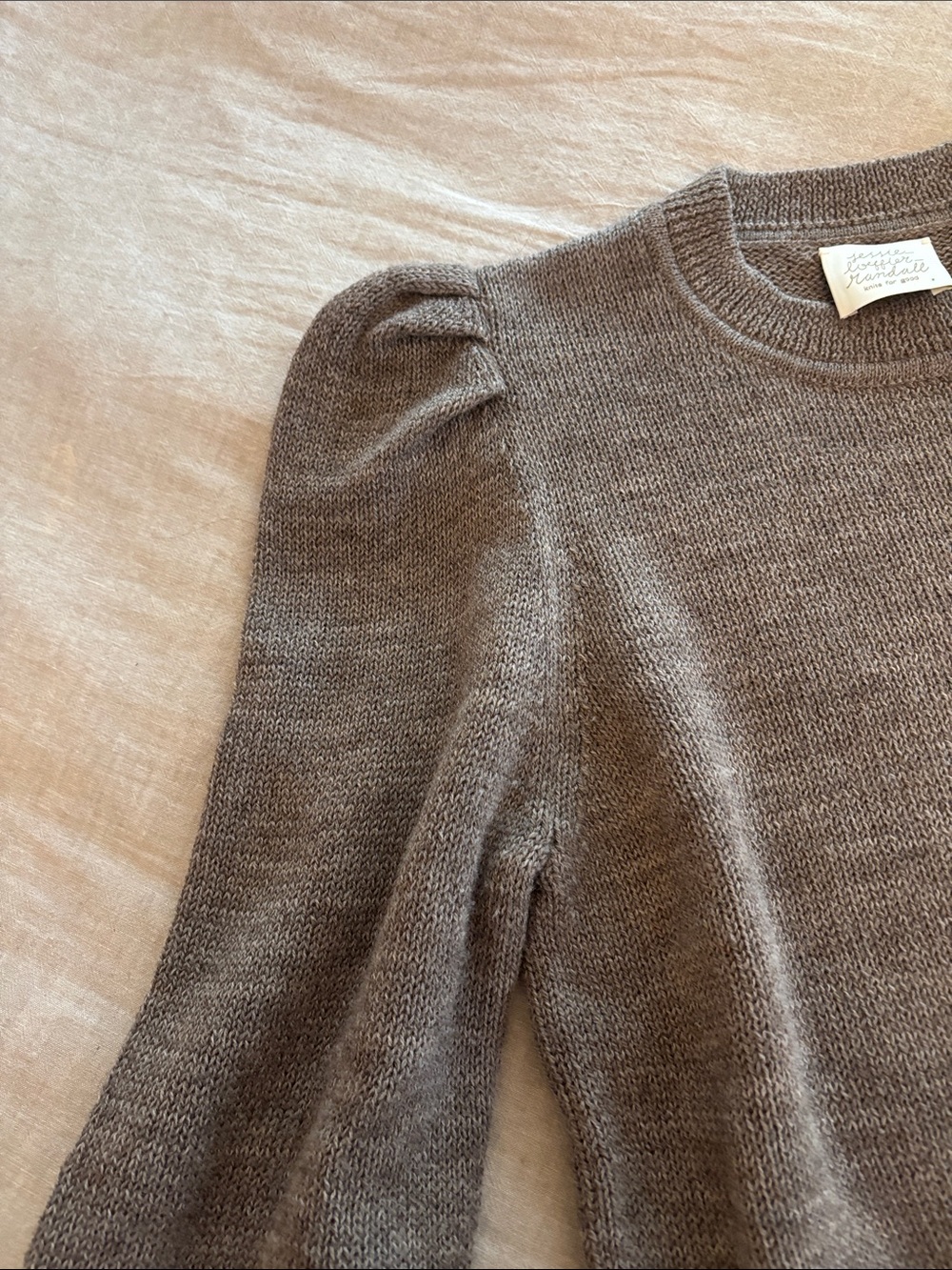 Cropped Puff-Sleeve Crewneck Sweater - Brown - Picture 3 of 9